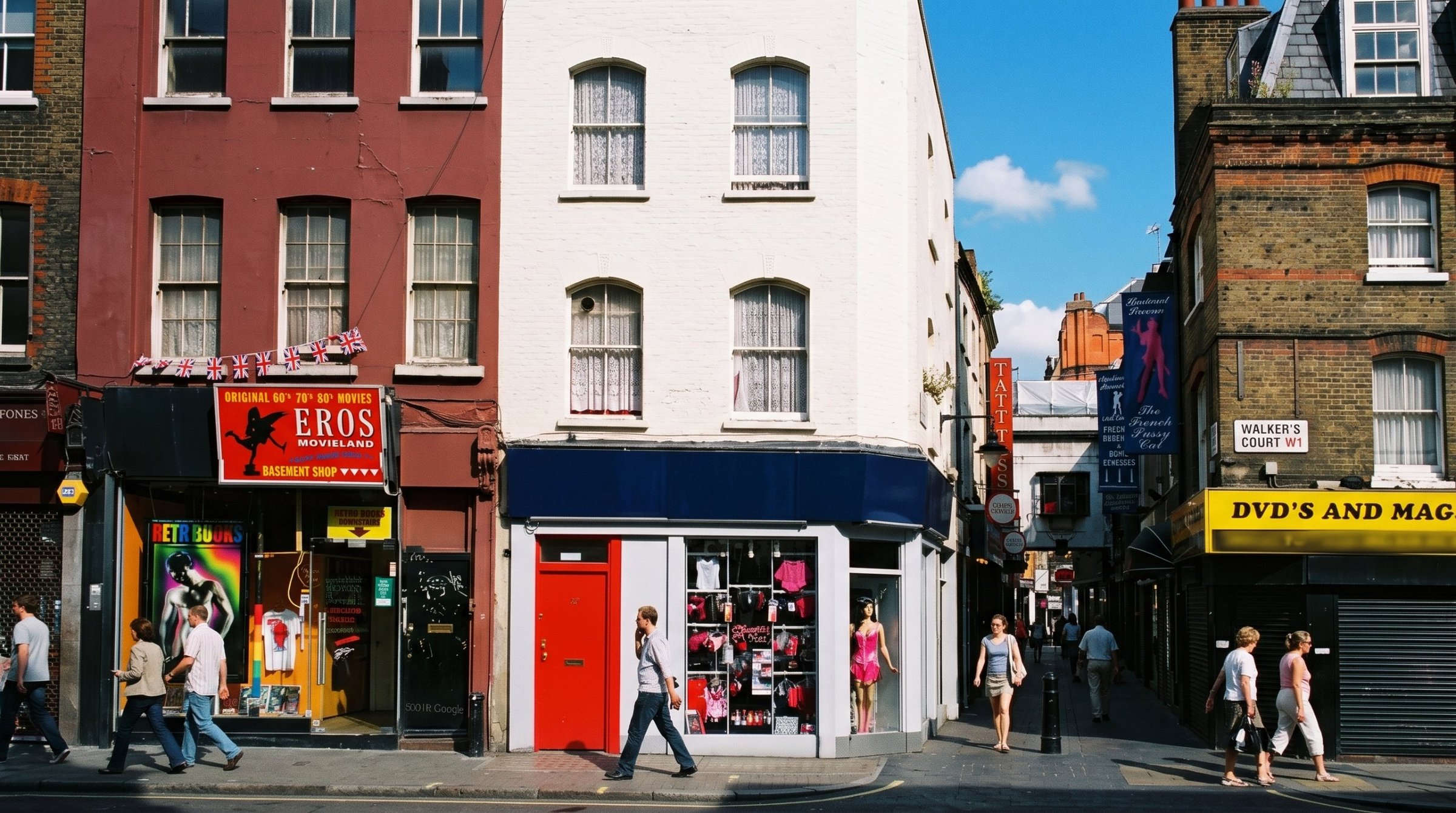 Eros Movieland and the corner shop on Peter Street, Walker's Court opening beside them.
