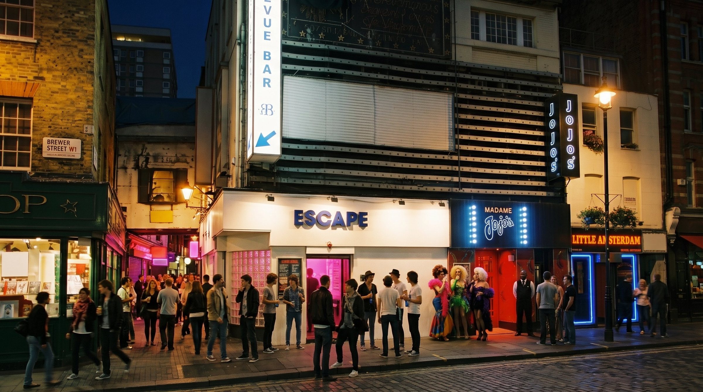 Brewer Street at night: young drinkers outside Escape, its door open on pink light and dry ice, and drag queens outside Madame Jojo's, the Soho Revue Bar banner above.