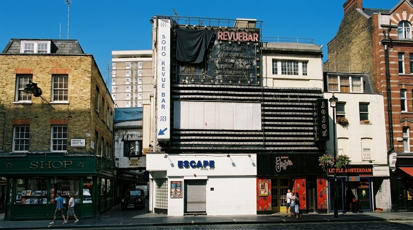 The Brewer Street front of the Revue Bar: the old neon sign switched off under a black sheet, Escape and Madame Jojo's at street level.
