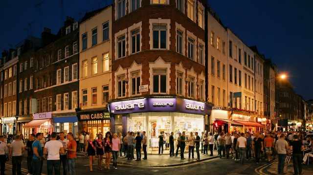 Old Compton Street and Frith Street at night: the Aware corner, the street full of people.